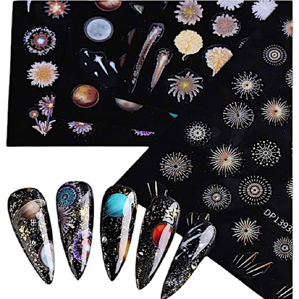 4 Sheets Starry Sky Nail Art Decals Luminous Planet Stickers Colorful Fireworks - Picture 6 of 6